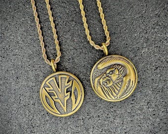 Movie Tigerzord and Falcon Coin Necklace: Double-Sided Stainless Steel, Vintage Finish