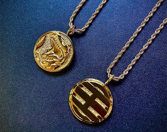 Gold Power Coin Necklace: Red Tyranno & Zeo Ranger Double-Sided Pendant