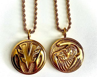 Movie Tigerzord and Falcon Coin Necklace: Double-Sided Stainless Steel, Gold Finish