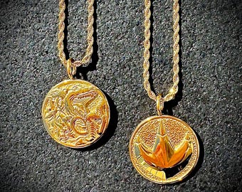Tribe Power Coin Dragon Ranger Necklace: Double-Sided Stainless Steel, Gold Finish