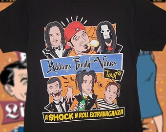 Camiseta da turnê Addams Family Values de 1998, Sick New World, Korn, Limp Bizkit, nu metal Wednesday
