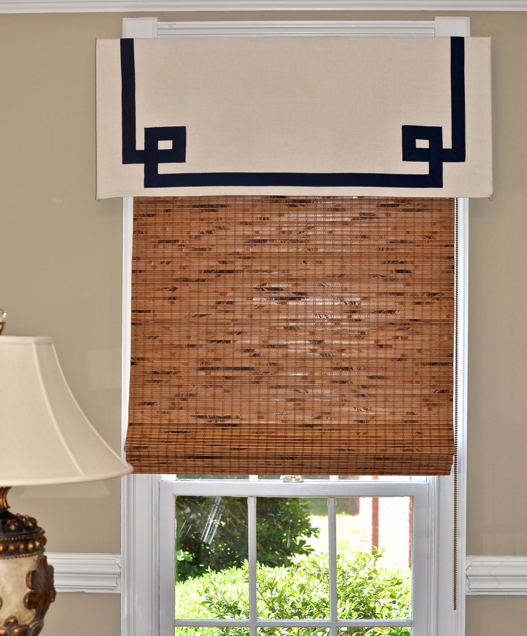 Greek Key Valance in Navy on Oatmeal Linen Fabric Etsy