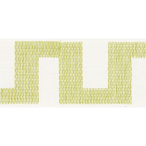 May include: White fabric with a green geometric pattern. The pattern is made up of vertical lines that form a series of squares.