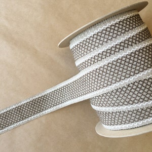 May include: A roll of brown and white patterned ribbon with a scalloped edge. The ribbon is on a cardboard spool.