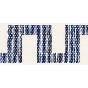 May include: A white fabric with a navy blue geometric pattern. The pattern is made up of repeating squares and rectangles.
