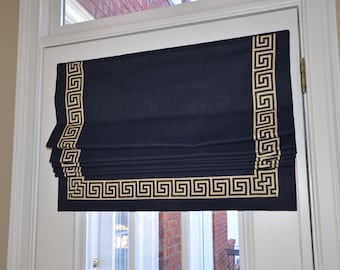 Custom flat banded roman shade with Greek Key Banding