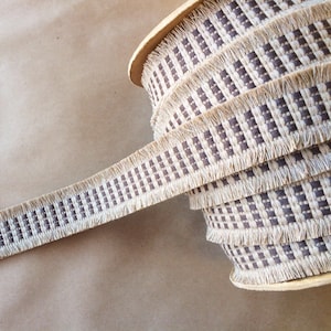 May include: A roll of decorative ribbon with a woven design. The ribbon features a repeating pattern of dark brown squares against a beige background, with a fringed edge. The ribbon is on a cardboard spool.