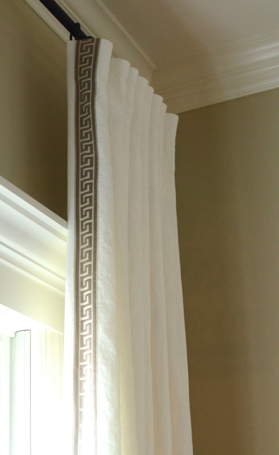 Pleated Linen Dry Panels With Greek Key Trim Made To Order Pleated Linen Dry Panels With Greek, Greek Key Curtain Panels