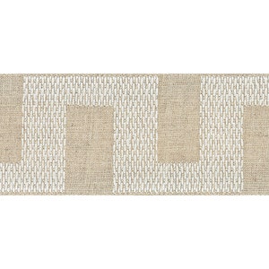 May include: A beige fabric with a white geometric pattern. The pattern is made up of repeating squares and rectangles.