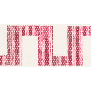 May include: Pink and white striped fabric with a geometric pattern. The pattern is made up of repeating squares and rectangles.