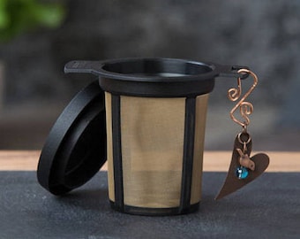 Tea infuser with copper heart pendant, reusable stainless steel micro mesh for loose tea and coffee, Mother's Day