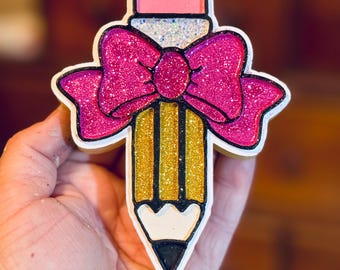 Pencil with Bow Car Freshie Air Freshener Handmade with Beaded Hanger