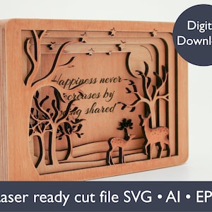Può includere: Un'opera d'arte in legno a strati con una scena di foresta, con alberi, cervi e la citazione "La felicità non diminuisce mai condividendo". Il design è tagliato al laser e include il testo "Digital Download" e "Laser ready cut file SVG • AI • EPS."