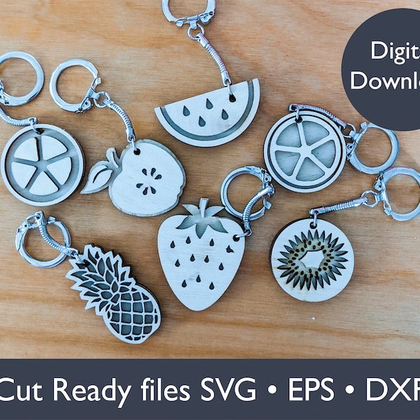 Fruit Keychain cut files, SVG, EPS, DXF, use with Wood, acrylic, cardstock, Apple, Pineapple, Kiwi, Watermelon, Strawberry, Citrus, Orange