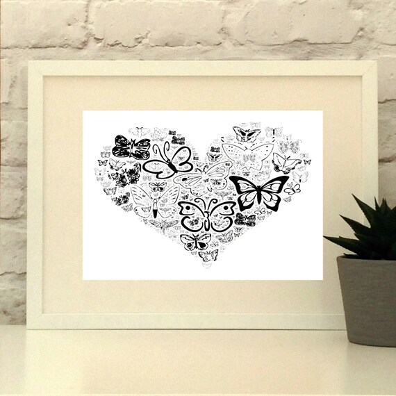 Items similar to Butterfly Heart Art Print, Butterfly Heart Poster
