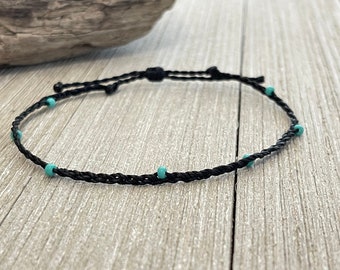 Black Braided Anklet Bracelets, Anklet Braided Bracelets, Boho Bracelets, Waterproof Wax Cord, Turquoise Beaded Bracelet