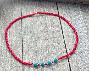 Red and Turquoise Howlite Ankle Bracelet, Crystal Dainty Anklet, Stretchy Anklet, Boho Anklet