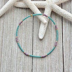 Dainty Teal and  Lavender Anklet Bracelet, Dainty Minimalist and Dainty Anklet Bracelet, Beaded Stretch Anklet Bracelet, Ankle Bracelet