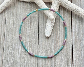 Teal and Lavender Crystal Beaded Anklet, Dainty Anklet, Stretchy Anklet, Boho Ankle Bracelet, Beachy Anklet