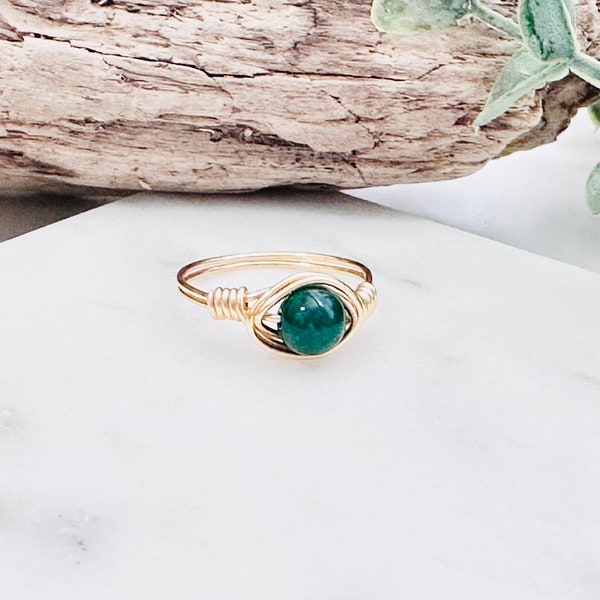 Green Jade Ring | Gemstone Wire Ring | Custom Adjustable Ring |  Wire Wrapped Crystal Ring | Gold Ring