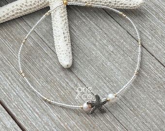 Starfish and Pearls Anklet Bracelet, Summer Anklet, Stretch Anklet Bracelet, Elastic Ankle Bracelet, Endless Summer Ankle Bracelet