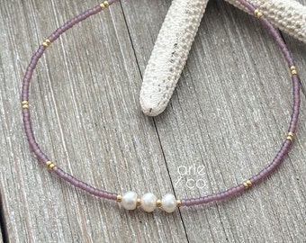 Freshwater Pearl Crystal Beaded Anklet, Purple Crystal Beaded Anklet, Stretchy Ankle Bracelet, Bohemian Anklet, Beachy Anklet