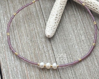 Freshwater Pearls and Candy Purple Crystals Dainty Anklet Bracelet, Endless Summer Light Purple Anklet, Stretch Anklet Bracelet