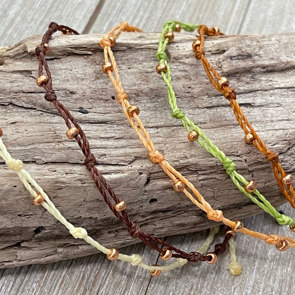 Rose Gold Beaded Waterproof Bracelet or Anklet, Waterproof Waxed String Bracelets, Stacking Bracelets, Friendship Bracelets