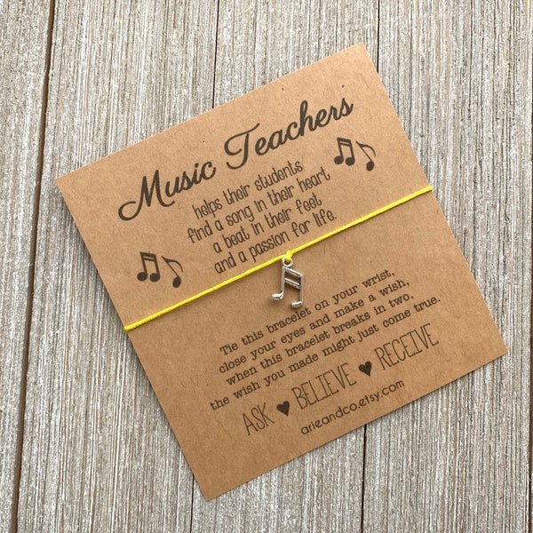 Music Teacher Wish Bracelet, Music Teacher Gift, Music Gift, Band Teacher Gift, Gift for a Music Teacher, Music Note Bracelet, Wish Bracelet