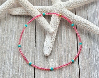 Red and Turquoise Crystal Beaded Anklet Bracelet, Dainty Stretchy Ankle Bracelet, Boho Anklet, Beachy Jewelry