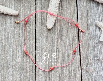 Coral Crystal Cord Anklet, Adjustable Anklet, Cord Anklet, Beaded Anklet, Beachy Anklet, Boho Anklet, Ankle Bracelet