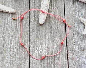 Dainty Coral and Gold Crystals Anklet Bracelet, Summer Anklet, Cord and Crystals Anklet Bracelet, Cord Anklet Bracelet