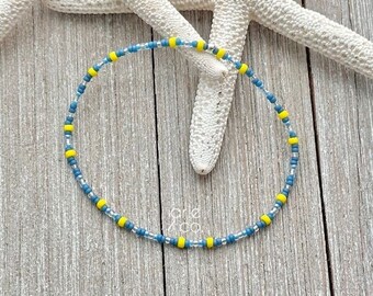 Dainty Blue and Yellow Multi Beads Anklet Bracelet, Minimalist and Dainty Anklet Bracelet, Beaded Stretch Anklet Bracelet