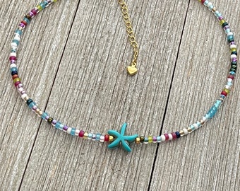 Beaded Choker, Multi Color Beaded Choker, Boho Choker, Starfish Choker, Beach Choker, Boho Necklace, Necklace for Her