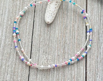 C A R I B E - Dainty Colorful Colors Stretchy  Beaded Anklet Bracelet, Minimalist and Dainty Anklet Bracelet, Double Stretchy Anklet