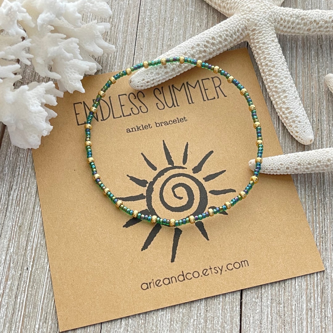 Gold and Iridescent Green Beaded Stretch Anklet or Bracelet, Minimalist