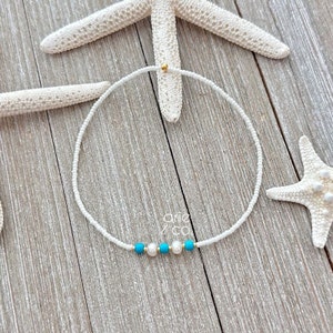 Pearls and Turquoise Dainty  Bracelet, Minimalist and Dainty Anklet Bracelet, Stretch Anklet Bracelet, Elastic Ankle Bracelet
