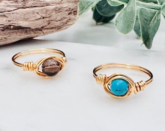 Anillo de cuentas de cristal: piedra preciosa envuelta en alambre, anillo ajustable