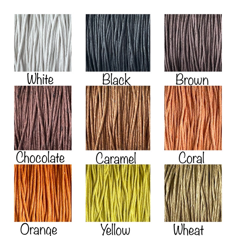 May include: Nine different colours of cotton cord, including white, black, brown, chocolate, caramel, coral, orange, yellow, and wheat.