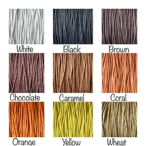 May include: Nine spools of cotton cord in various colors, including white, black, brown, chocolate, caramel, coral, orange, yellow, and wheat.