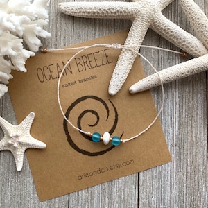 Sea Glass Bracelet: Ocean Blue Shell, Waterproof Wax Cord