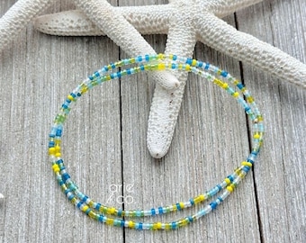B A H A M A S - Dainty Multi Color Greens Stretchy  Beaded Anklet Bracelet, Minimalist Anklet Bracelet, Double Stretchy Anklet