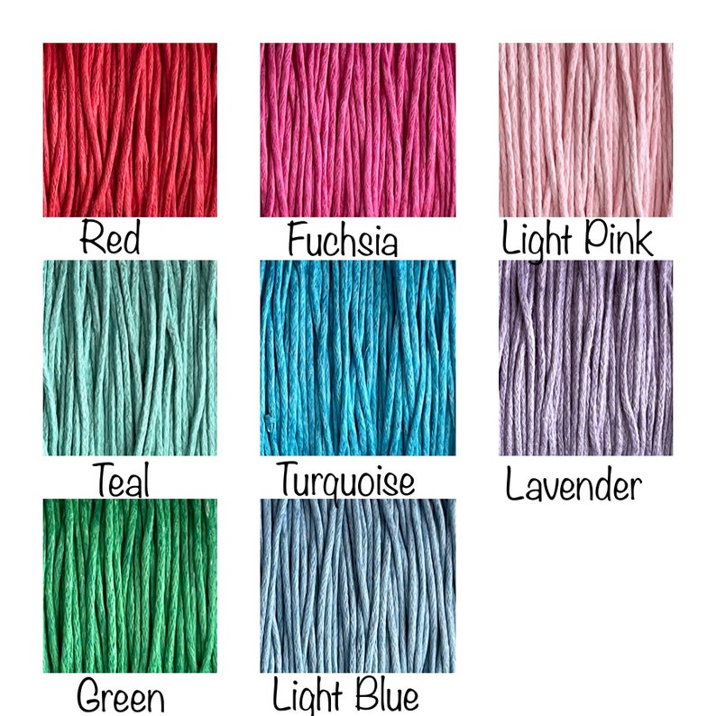 May include: A collection of 10 different colours of cotton cord, including red, fuchsia, light pink, teal, turquoise, lavender, green, and light blue. The cords are arranged in a grid pattern.