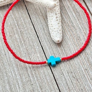 Turquoise Howlite Cross and Red Crystals Ankle Bracelet, Cross Brecelet, Minimalist and Dainty Anklet Bracelet, Stretch Anklet Bracelet