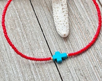 Turquoise Howlite Cross and Red Crystals Ankle Bracelet, Cross Brecelet, Minimalist and Dainty Anklet Bracelet, Stretch Anklet Bracelet