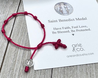 Saint Benedict Red String Protection Bracelet, Saint Benedict Medal 7 Knot and Cross Bracelet, Protection Bracelet