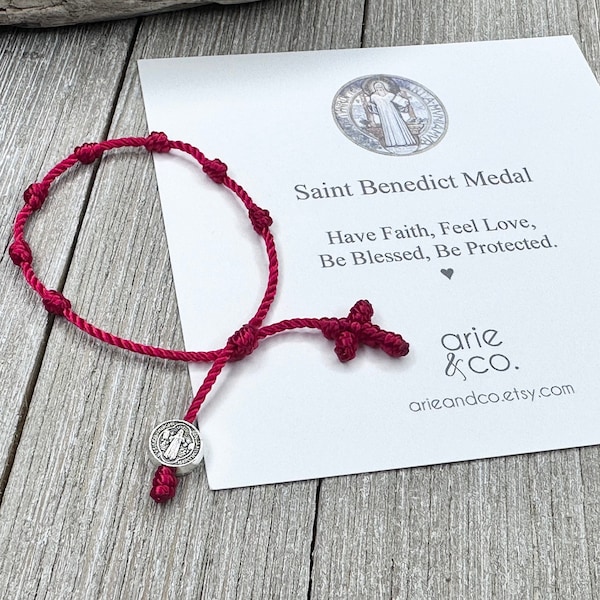 Saint Benedict Red String Protection Bracelet, Saint Benedict Medal 7 Knot and Cross Bracelet, Protection Bracelet