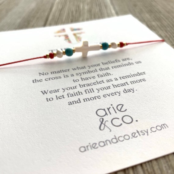 Mother of Pearl Red String Cross Bracelet, Dainty Mother of Pearl