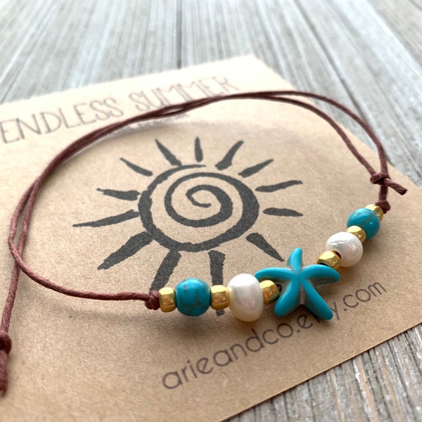 Starfish and Pearls Anklet Bracelet, Starfish Bracelet, Turquoise Bracelet, Beadwork Bracelets