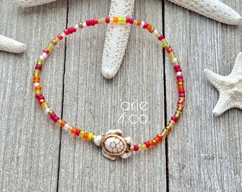 Orange Shades Beaded Anklet, Sea Turtle Stretchy Ankle Bracelet, Beachy Anklet, Marine Jewelry, Boho Anklet